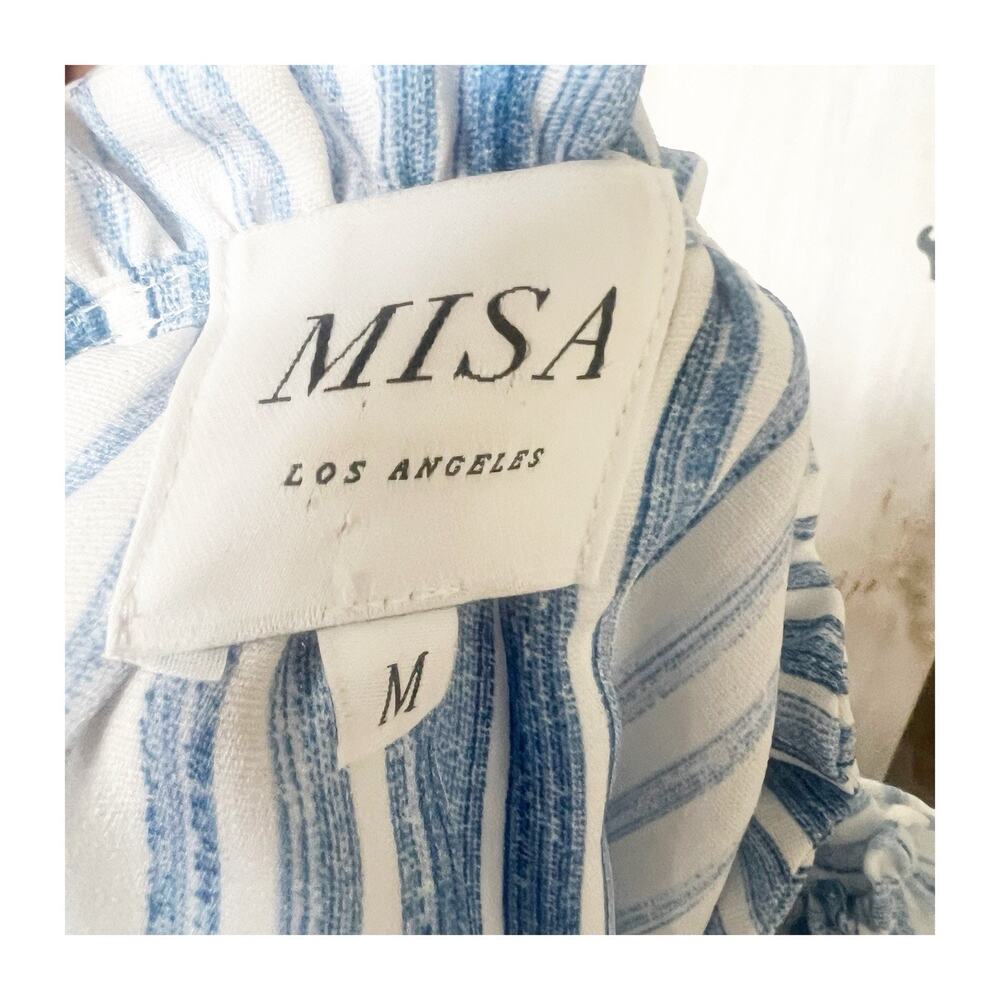 MISA Los Angeles Medium Aleja Stripe Print Linen Midi Dress White Blue Tassel - Picture 8 of 9
